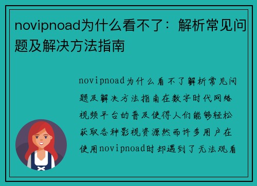 novipnoad为什么看不了：解析常见问题及解决方法指南